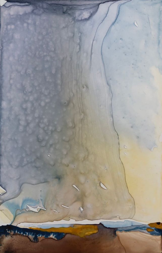 Watercolour painting of a big sky with a disruption on the horizon. Undertones of gold and blue.