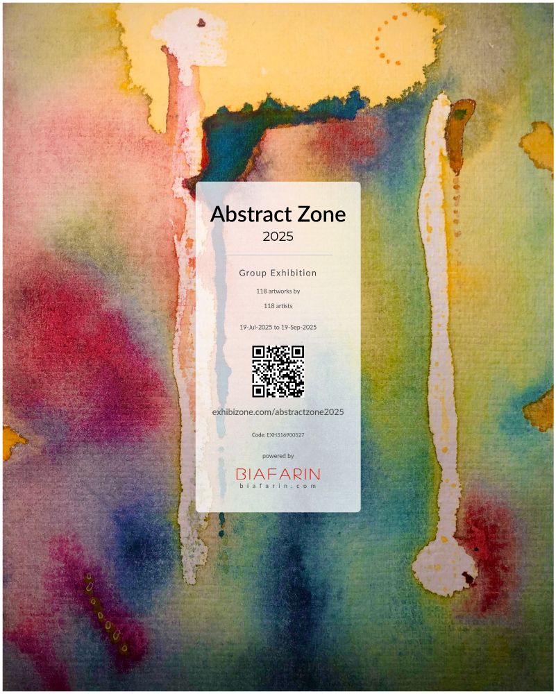 Poster for my abstract painting 'Crucible' which includes a QR code and link for the exhibition: Abstract Zone - 2025 exhibition, organized by Exhibizone and powered by @Biafarin platform.