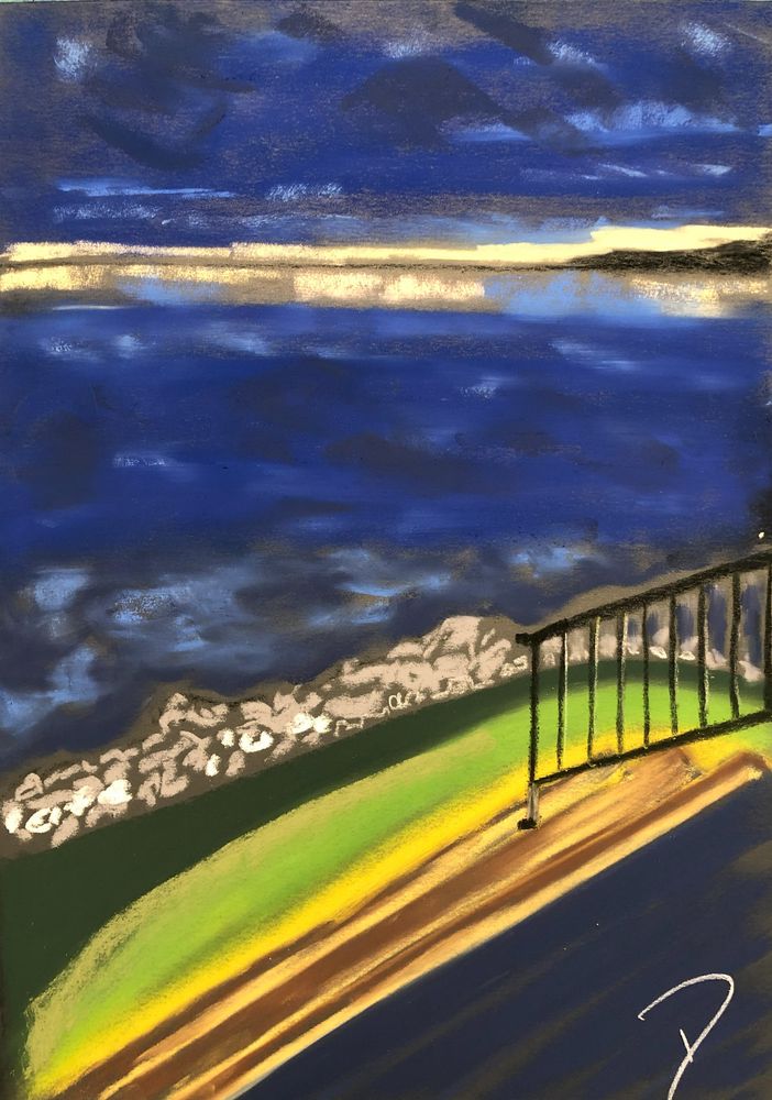 Pastel painting of an almost gone sunset across the water and under a deep blue sky. There are steps down to the lake's edge in the foreground.