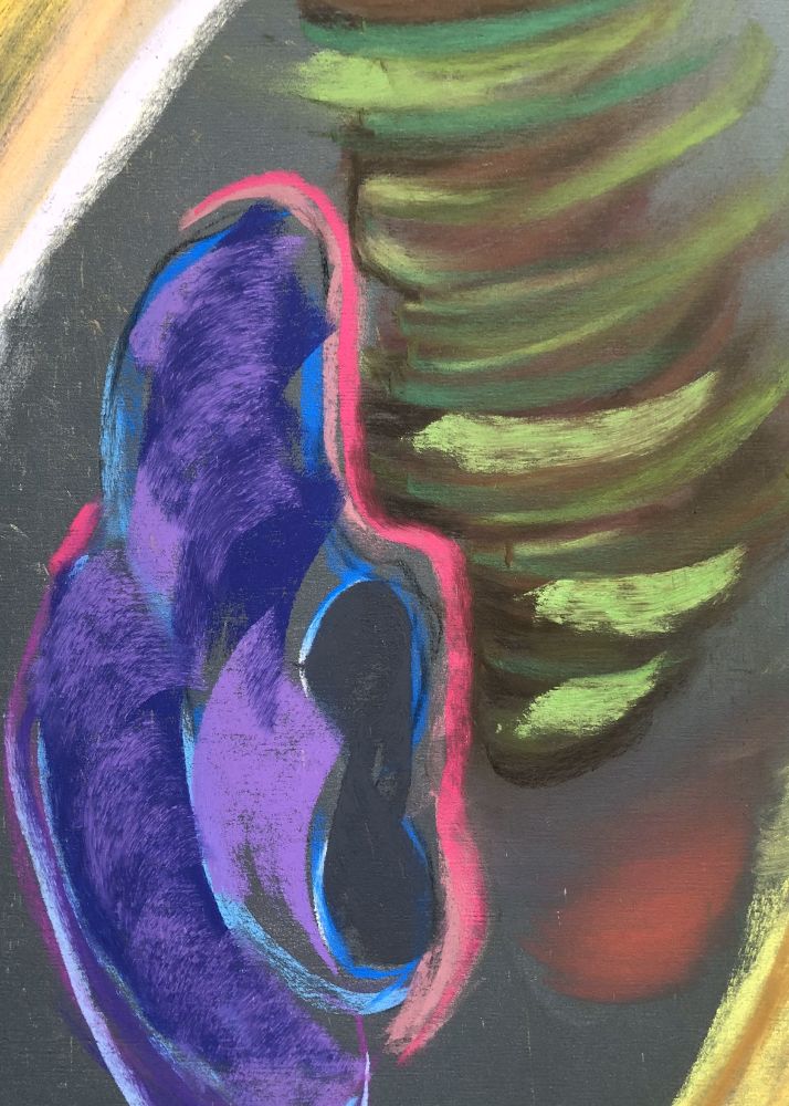 Pastel painting of an abstract scene. A pink boundary splits the purple curves to the left and the green sweeps on the right.