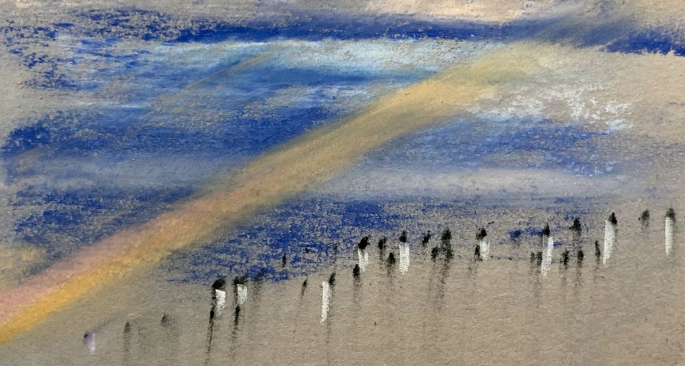 Pastel painting, the suggestion of many penguins marching left to right. A shot of light strikes across the wild blue sky.