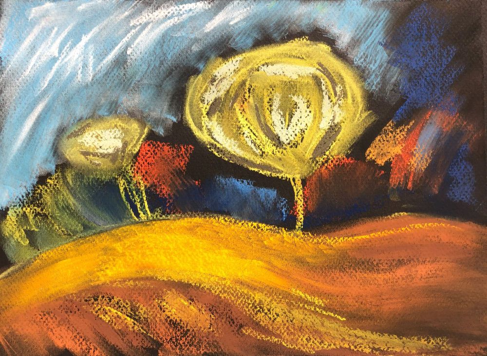 Pastel painting of a copse of trees; a large golden one dominates over a red and orange foreground and a blue fading sky.