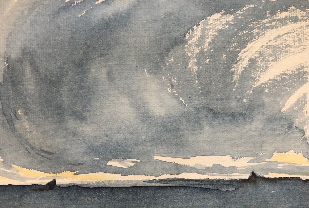 Watercolour painting of a big, sweeping, stormy sky above the dark blue waters of Lac St. Anne, AB