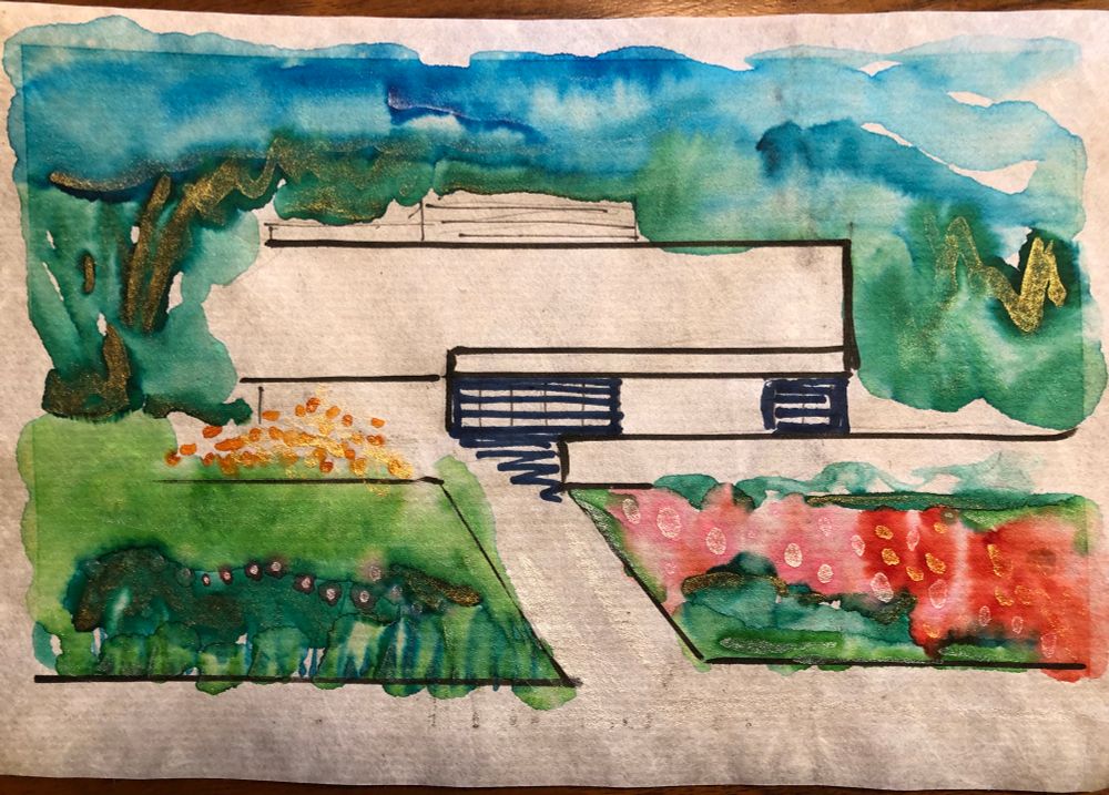 Watercolour on rice paper of gardens and a white building and walkways 