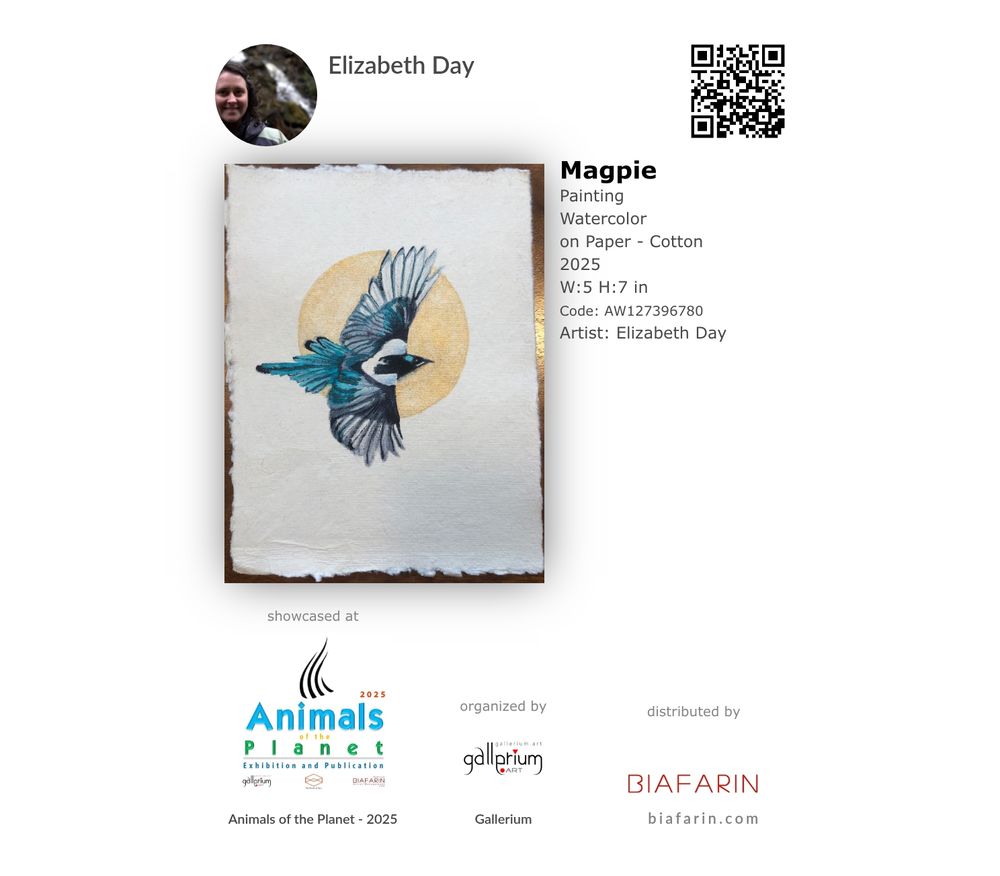 Artwork badge of my artwork 'Magpie' which is now being showcased at Animals of the Planet - 2025 exhibition, organized by Gallerium and powered by @Biafarin platform. A watercolour of a magpie flying to the right with a gold halo behind.
