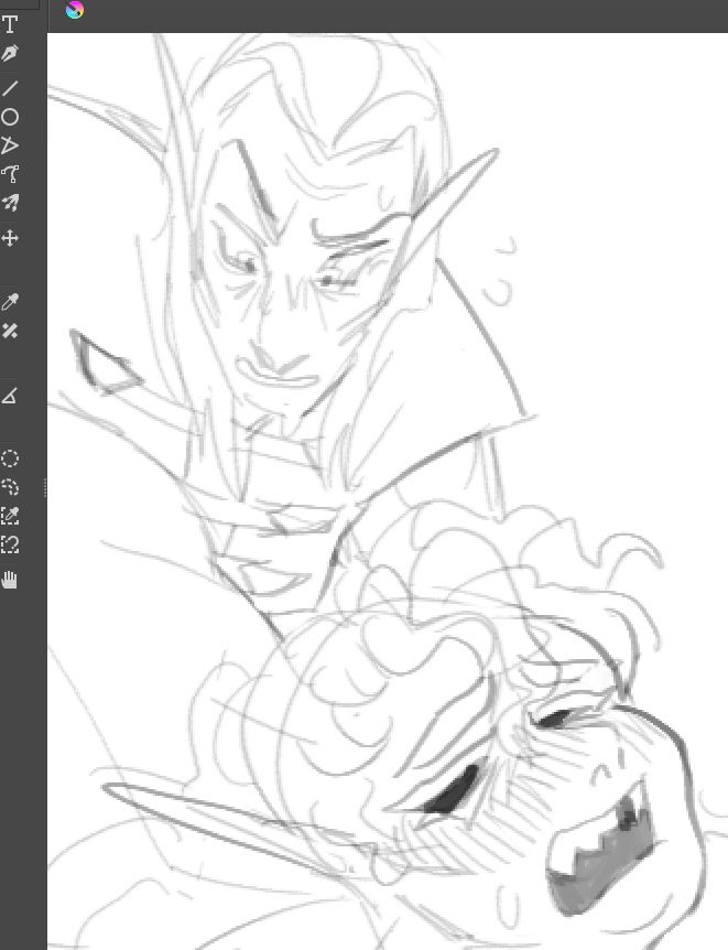 A screenshot of a work-in-progress drawing of Calne, looking worn out and flushed. The image is cropped, with only her head in the frame, and Ancano over her shoulder, looking surprised by his own abilities as he apparently does something diabolical to her guts.