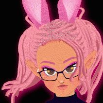 A digital avatar of CocoHavin with pink Locs hair and bunny ears, wearing glasses against a black background conveys a playful and quirky tone.