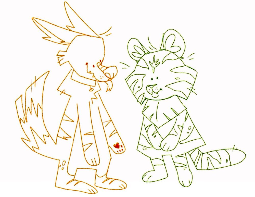 A lineart drawing of two figures. Figure 1 (Fuzz) is an orange, skrunkly thing with big ears and a forked tongue. Figure 2 (Spinch) is a green tiger of shorter stature with a Chowder-esque disposition. Both characters give off the vibe that they have no clue what is going on most of the time.