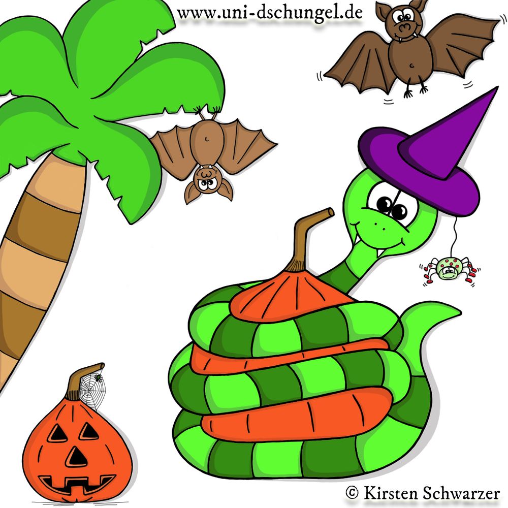 Eine gezeichnete Szene aus dem Uni-Dschungel: Die grün geringelte Uni-Dschungel-Schlange trägt Vampirzähne und wickelt sich um einen orangefarbigen Kürbis. Sie hat einen violetten Hexenhut auf, von dem sich eine niedliche grüne Spinne mit roten Punkten und roten Füßen abseilt. Über der Schlange flattert eine Fledermaus und in der Palme, die sich links im Bild befindet, hängt eine kleinere Fledermaus. Unter der Palme steht ein Halloweenkürbis mit einem Spinnennetz und einer winzigen Spinne.