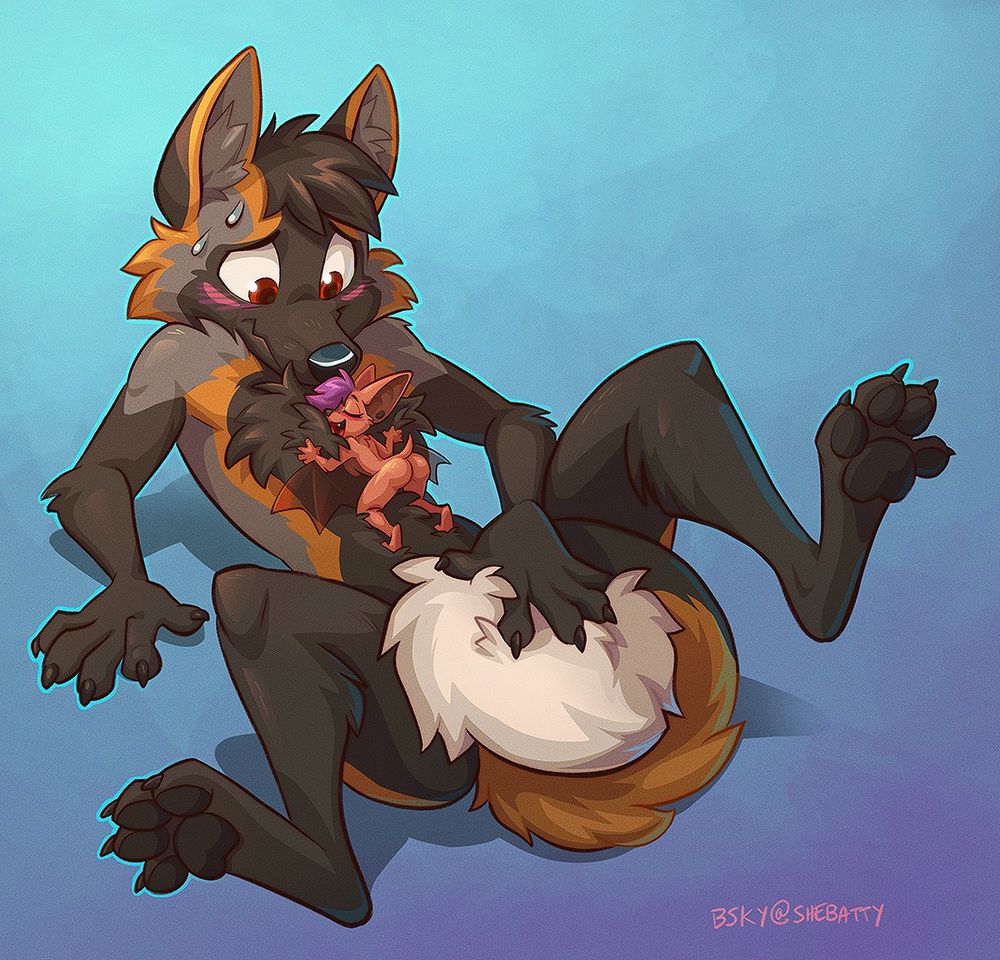 digital art commission for Foxjump of his fox character Dashwood, looking flustered and covering his crotch with his tail, as my bat girl character (micro sized) cuddles up in his chest fluff