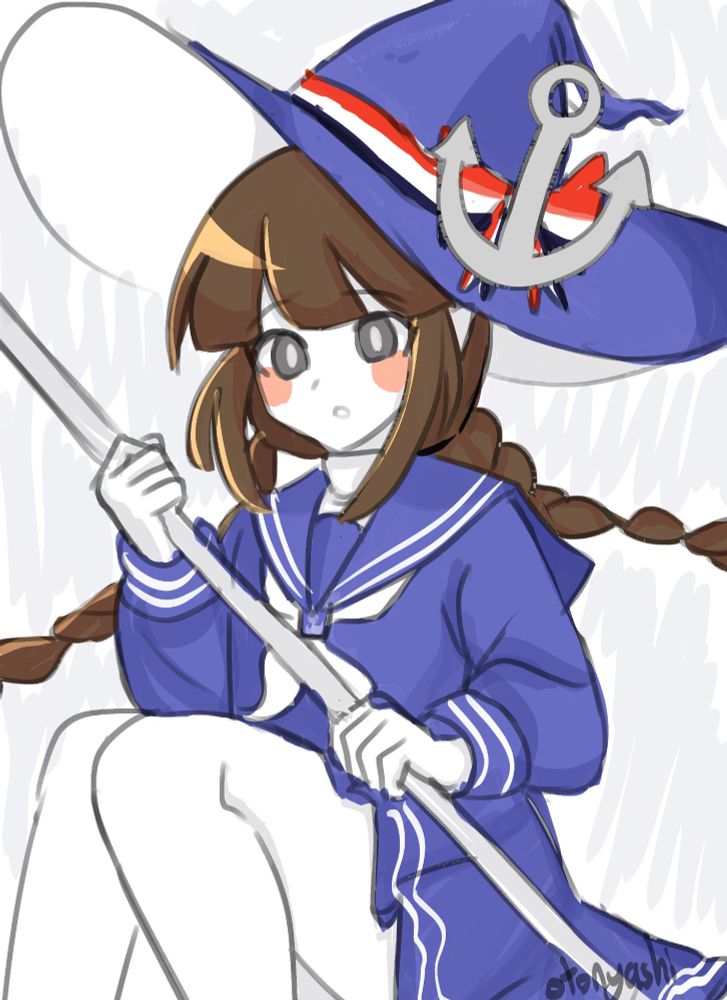 Wadanohara from Wadanohara and the Great Blue Sea. She is sitting and holding a staff with a surprised expression.