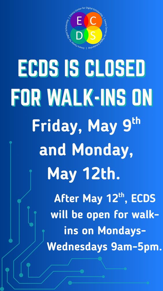 ECDS is closed for walk-ins this Friday, May 9th and on Monday, May 12th for Commencement. 

After May 12th, ECDS will be open for #summer walk-ins only on Mondays-Wednesdays 9am-5pm.