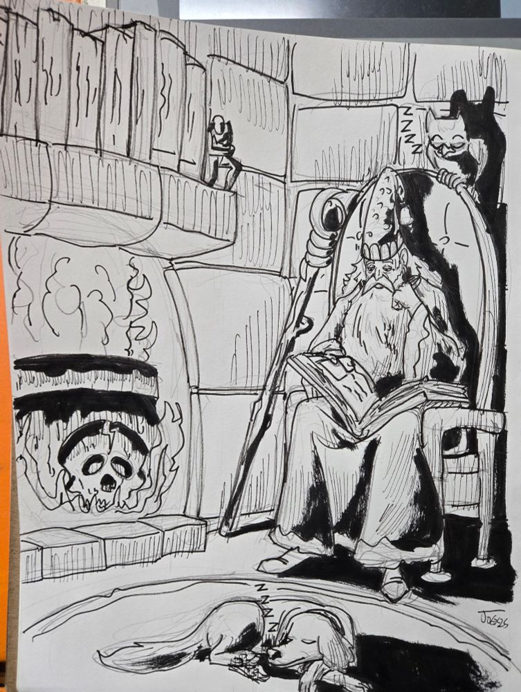 An inked scene of a wizard reading in front of a fire while his dog naps on the rug and his owl naps on top of his chair.