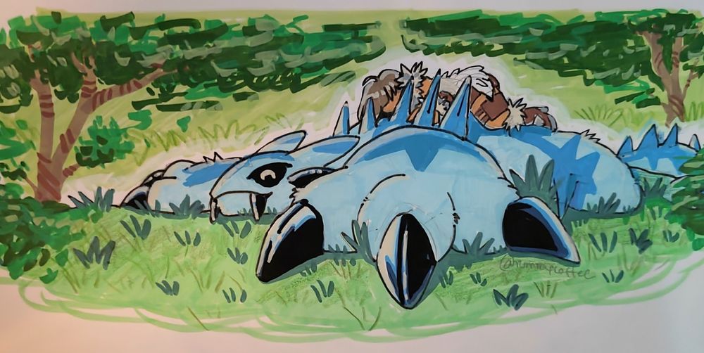 Female castaway relaxes on top of a large cat-like creature in a dense forest.