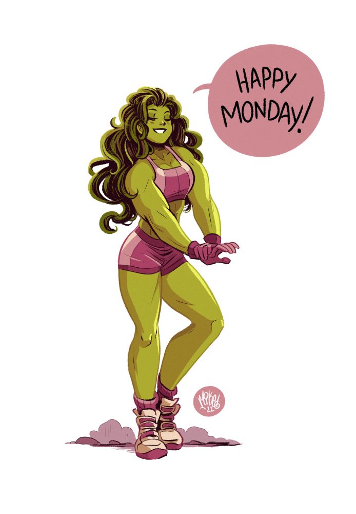 She-Hulk in a pink and white two-piece workout outfit wishing us a Happy Monday. 