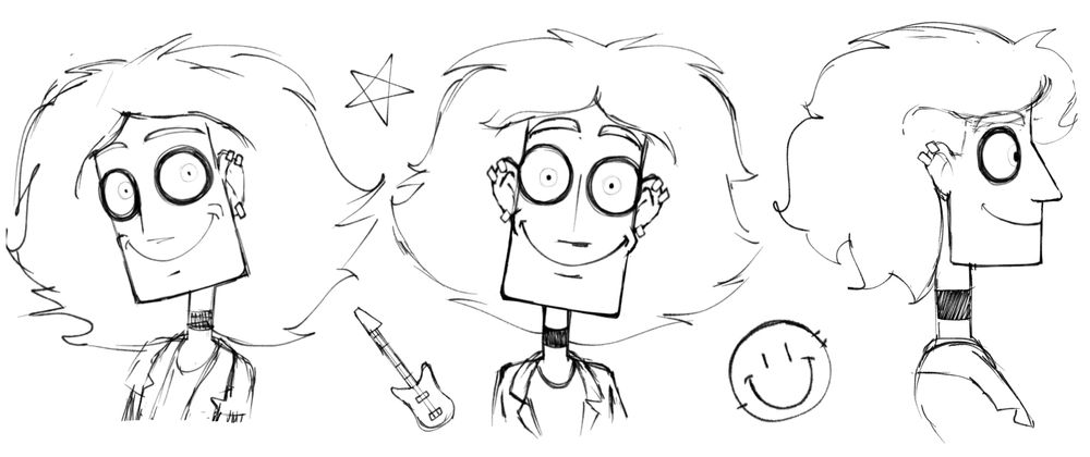 3 headshot sketches of the character Glam from the show metal family, these sketches showcase 3 different views, a front facing view, a 3/4th’s view, and a side
Profile