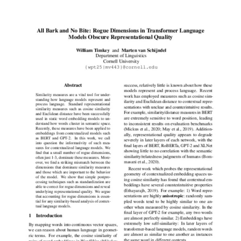 All Bark and No Bite: Rogue Dimensions in Transformer Language Models Obscure Representational Quality