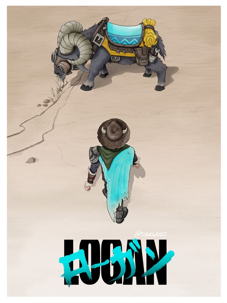 A parody of the iconic AKIRA poster except "LOGAN" is written on the bottom while Logan from My Time at Sandrock walks towards his goat.