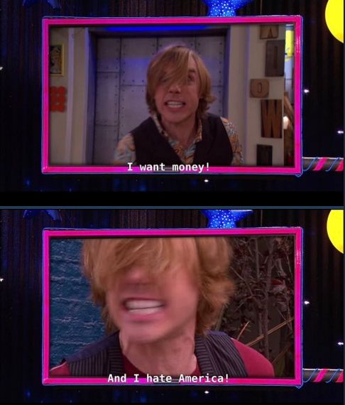 A meme of two screenshots from what I think is iCarly? where a man says in the first shot "I want money!" and in the second, "And I hate America!"