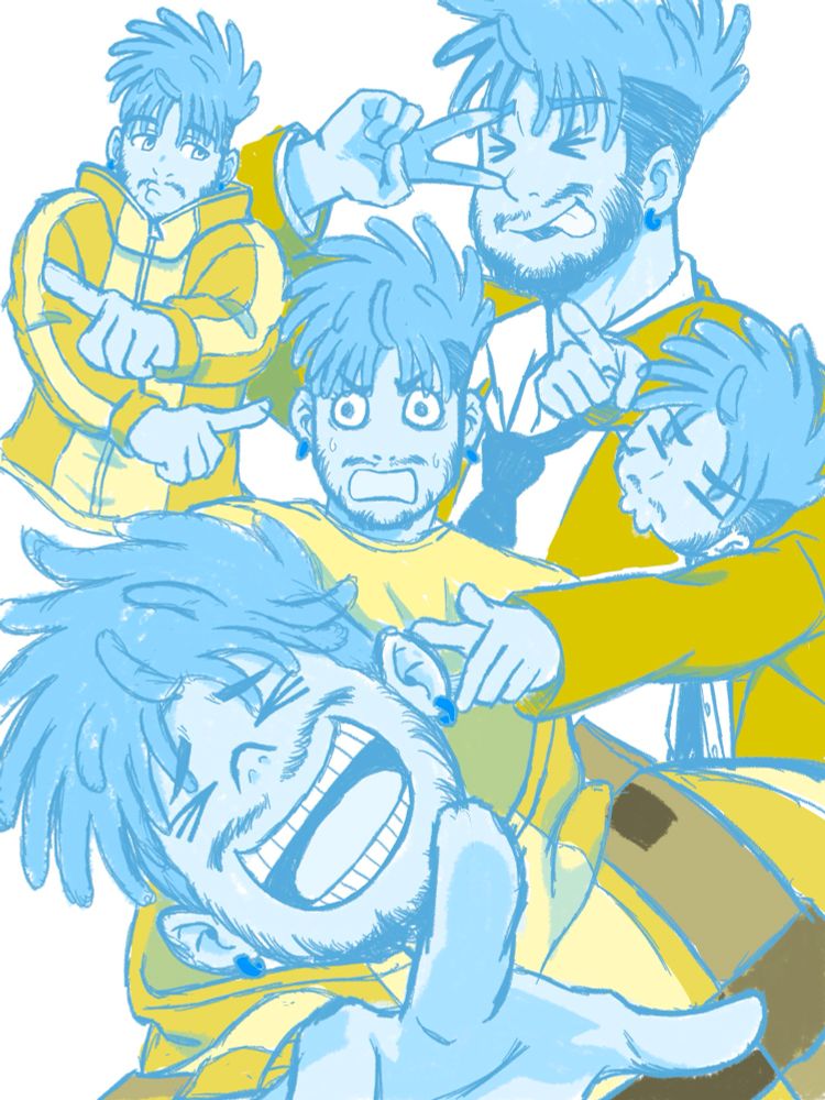 A drawing of me in different goofy poses that Jiji from DANDADAN makes. 