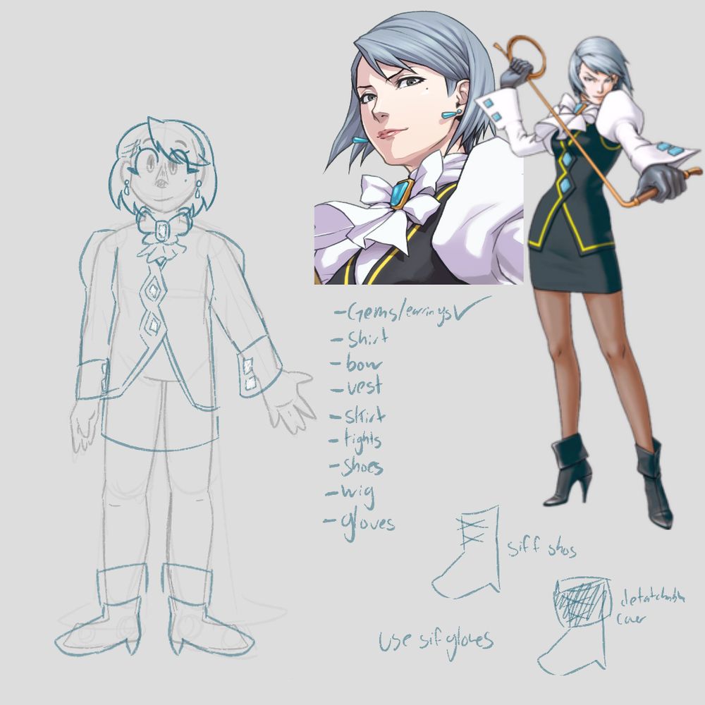 a sketchy drawing of a person standing in an A pose on the left, they are dressed like Franziska Von Karma (a black pencil skirt, a ruffled shirt with puff sleeves, and a black vest with gold lining and teal gemstones)