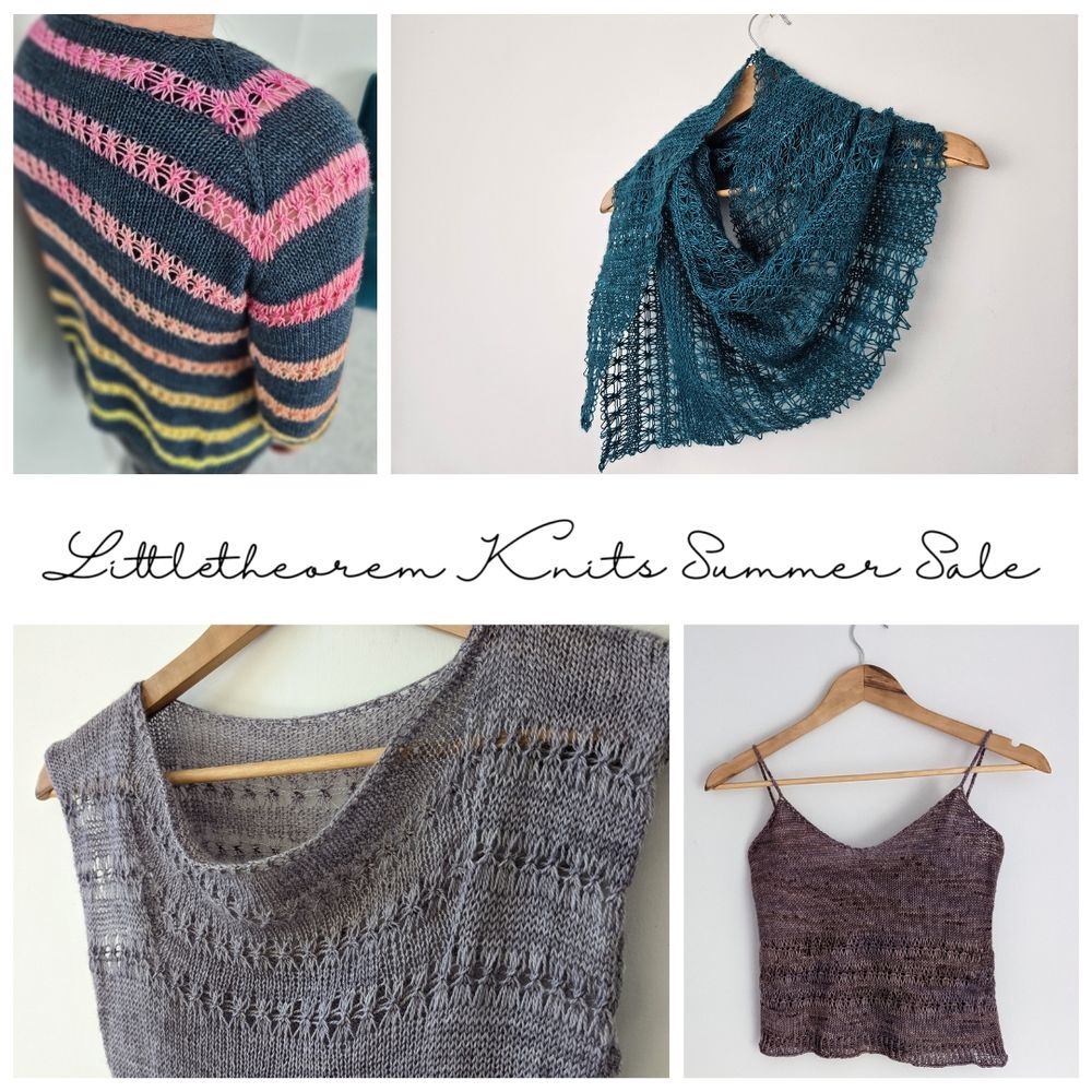 A collage of pictures from four knitting patterns. Patterns clockwise from top left are Crosshill Cardigan, Kingfisher in Flight Shawl, Arnisdale Cami and Lochnagar Top.