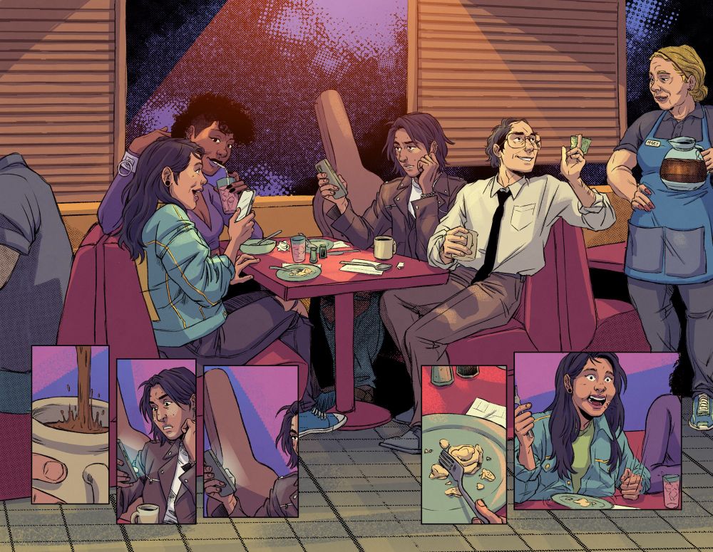 Double page spread from DEF LEPPARD'S HYSTERIA, drawn by me and colored by Fabi Marques