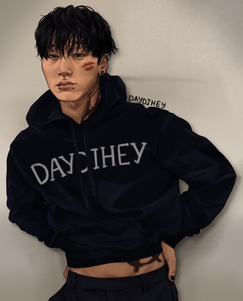 san of ateez fan art with piercings and tattoos