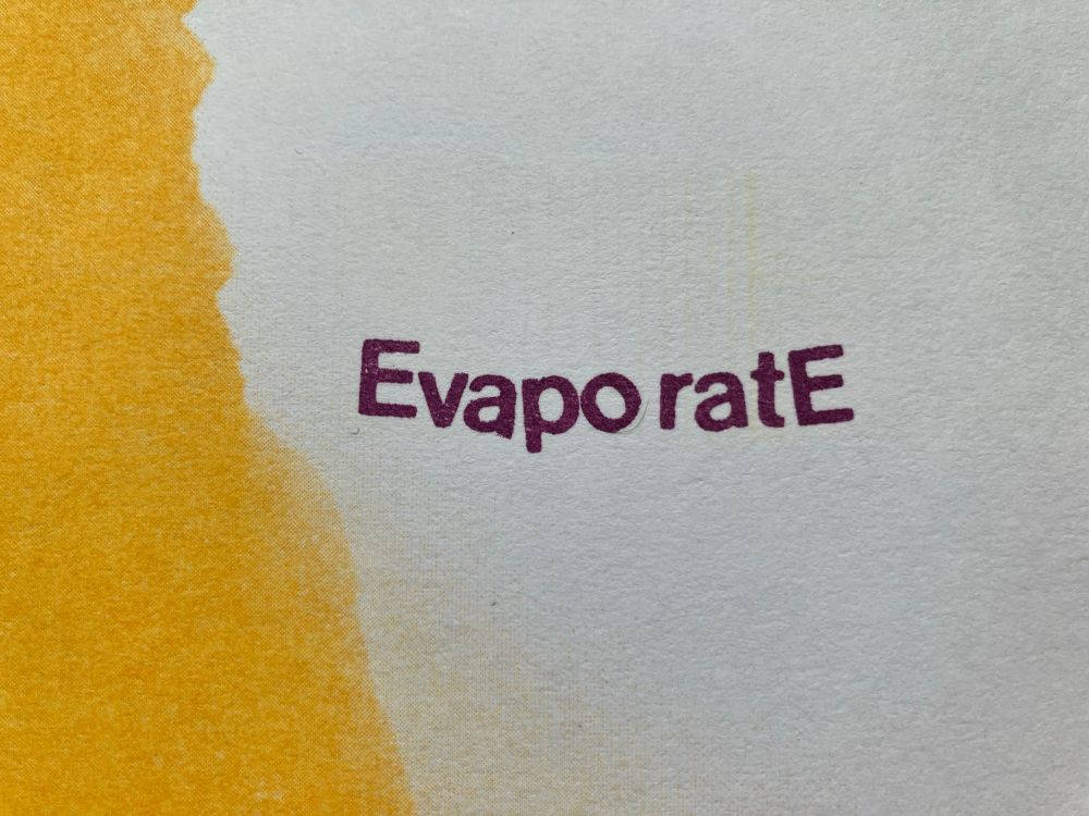 Yellow landscape print with the text “EvaporatE” in burgundy