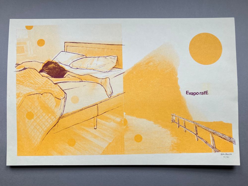 Full spread yellow and burgundy Risograph print of man lying on bed and a foggy landscape