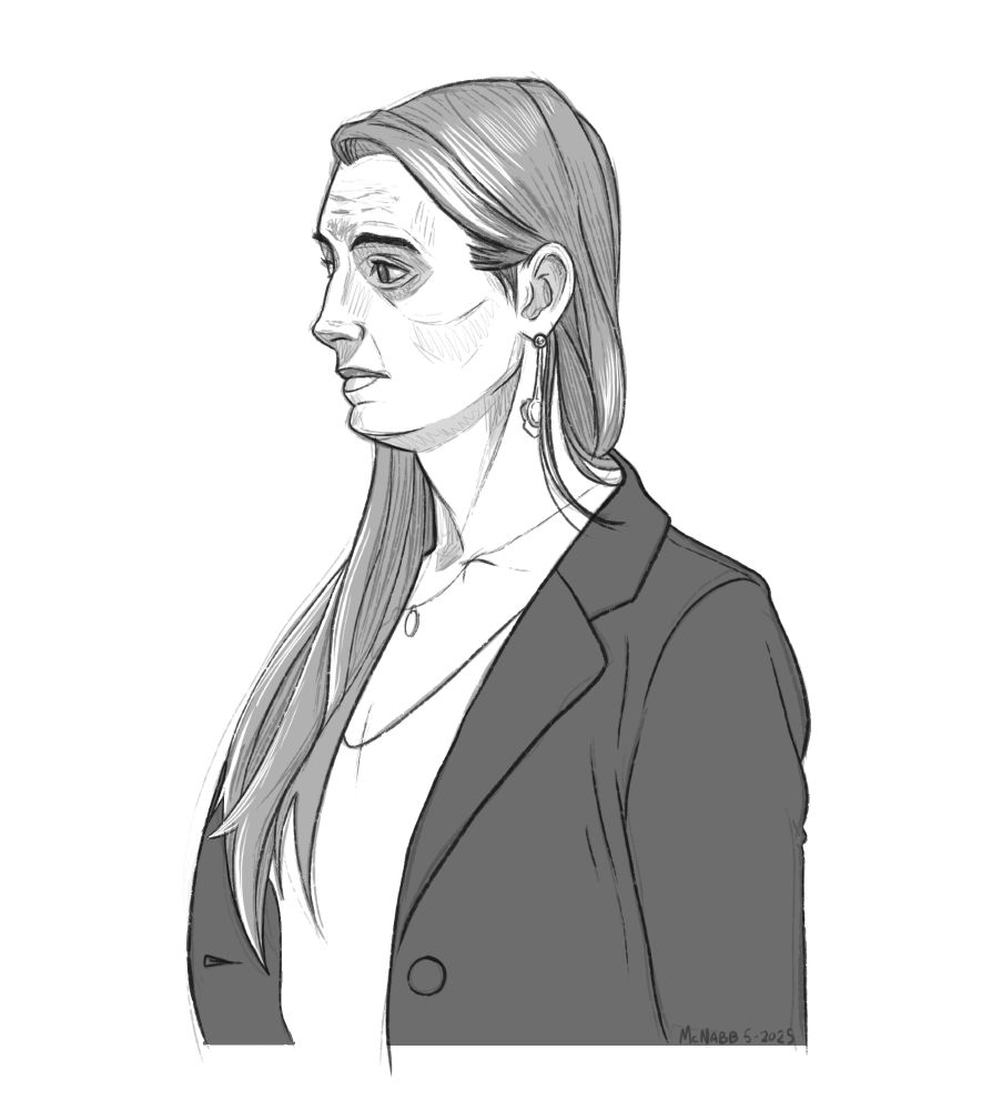 Grey scale digital sketch of a woman looking off screen left 