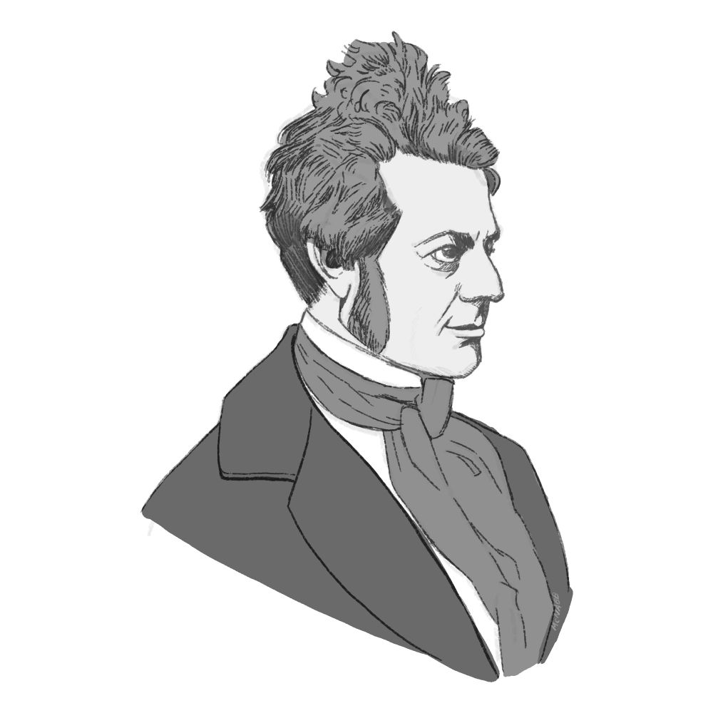 A greyscale digital sketch of the head and shoulders of a man looking to the right in old fashioned clothing with large sideburns.