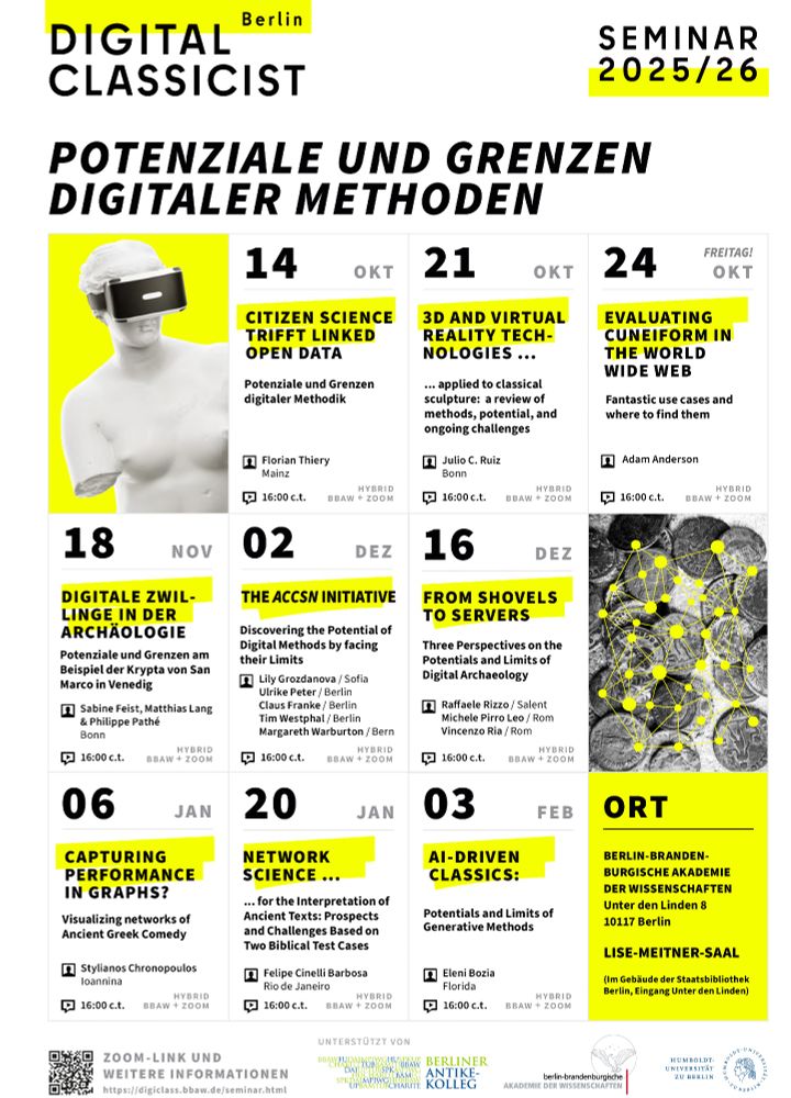 Plakat des Seminars „Digital Classicist Berlin 2025/26“ mit Terminen von Oktober 2025 bis Februar 2026. Themen: digitale Methoden in Archäologie, Antike, Netzwerkanalyse, KI. Gelb-schwarzes Design.