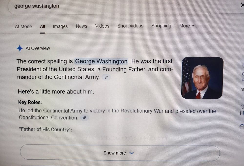 A screenshot of a Google search for George Washington. The image Google produced is an AI rendering of George Washington as he might have looked in 21st-century styling.