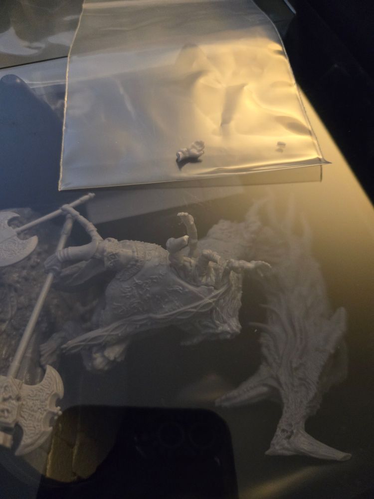 Godrick, in grey, still within packaging. Small bag on upper portion is shown containing one of two missing hands.