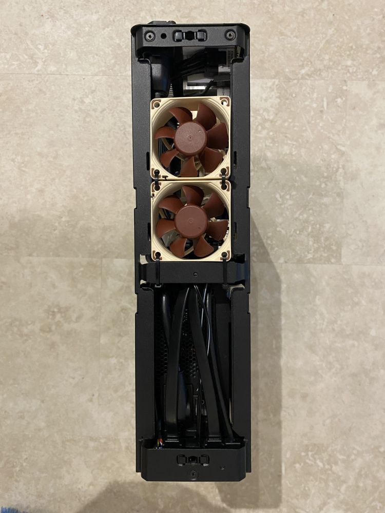 Bottom side view of PC build showing a Fractal Ridge case, 2x Noctua NF-A6x25-PWM.