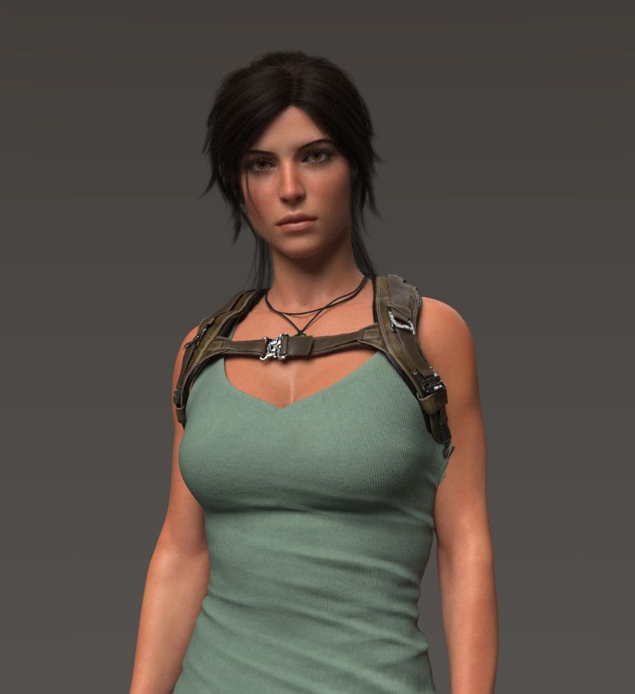 Lara Croft wearing a teal tanktop and brown backpack