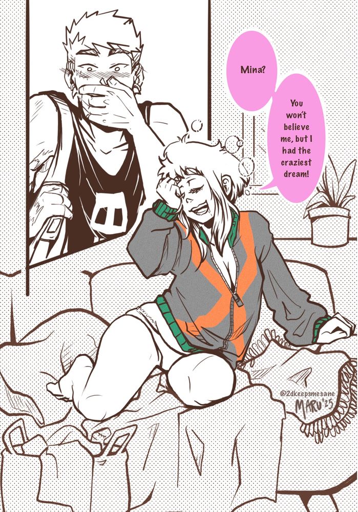 Digital illustration. Katsuki is looking flustered. Ochako is on a couch waking up wearing his shirt but no pants.