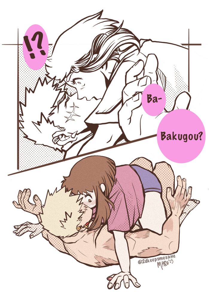 Digital illustration. Ochako falls into Katsuki and kisses him.