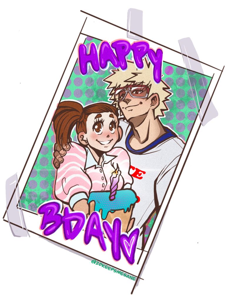 Digital illustration. Ochako and Katsuki from My hero academia dressed as Napoleon and Deb from the movie Napoleon Dynamite 