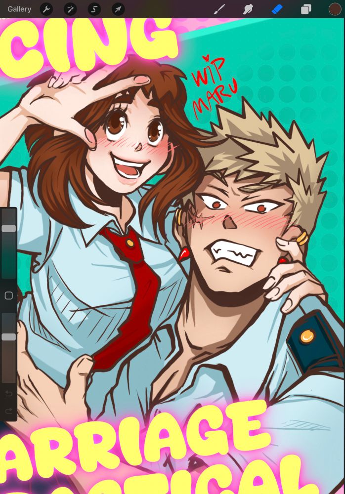 Work in progress of digital illustration. Katsuki and Ochako in their school uniforms looking cute and happy