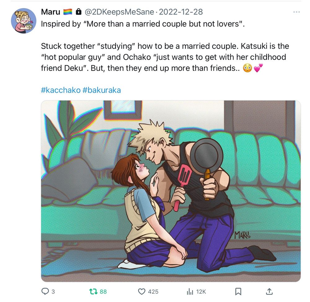 Screenshot from X of fanart of Katsuki and Ochako from my hero academia in the setting of the anime “More than a married couple but not lovers”
