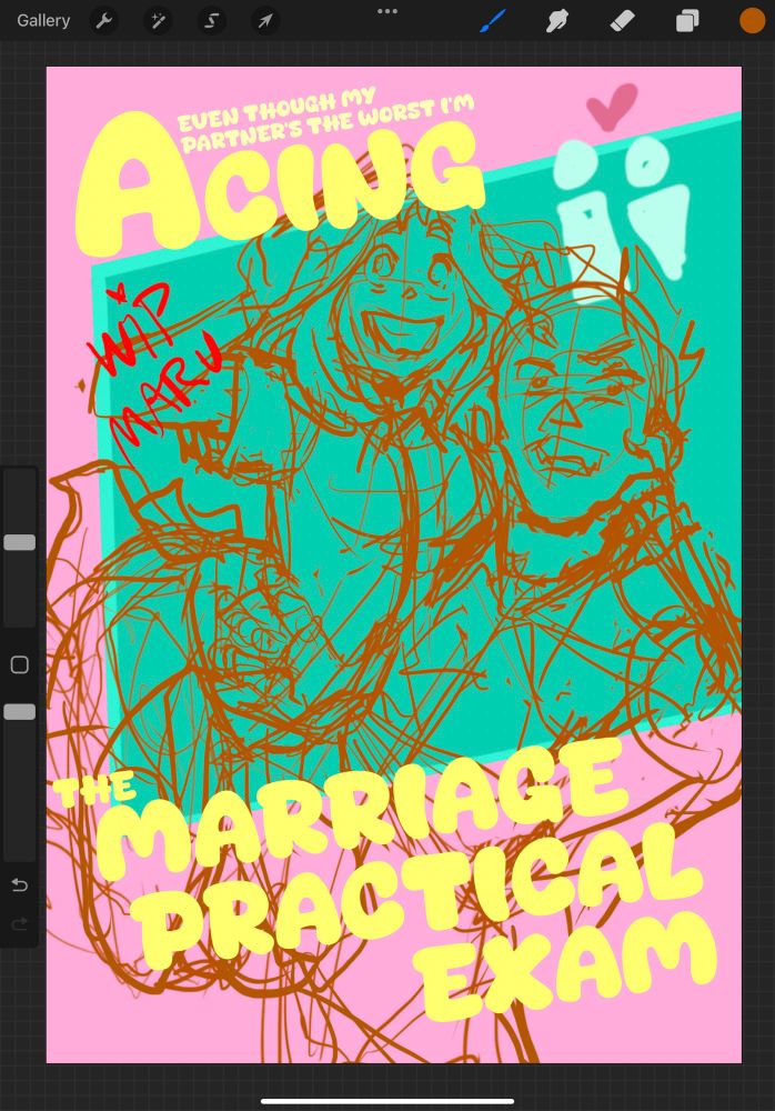 Work in progress of cover art of upcoming fic. Digital illustration of Katsuki and Ochako. Title is Even Though My Partner Is the Worst I’m Acing the Marriage Practical Exam