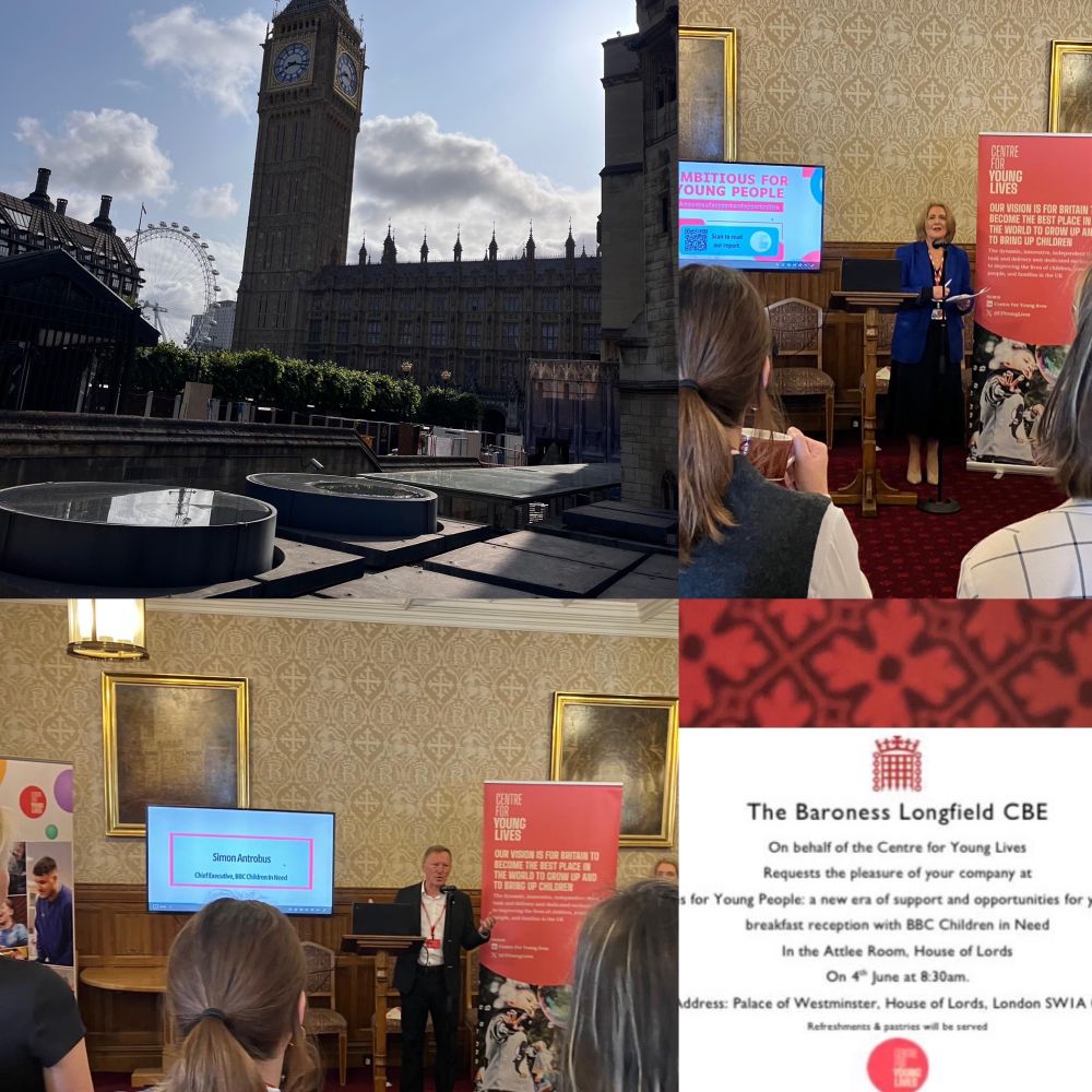 Five photos ina collage. 1. Big Ben. 2. Anne long field talking. 3 Simon Antrobus talking. 4. Patterned House of Lords carpet close up and 5. Invite to the event 