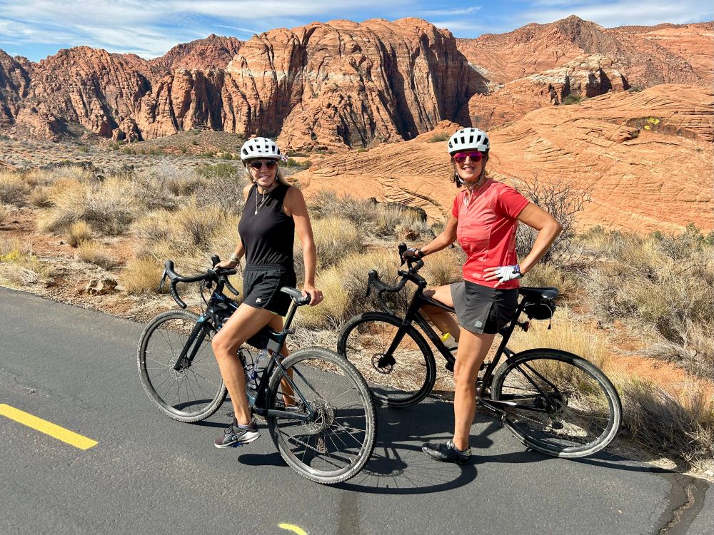 A couple of happy bike riders on the whiptail trail, bike path in Snow Canyon State Park