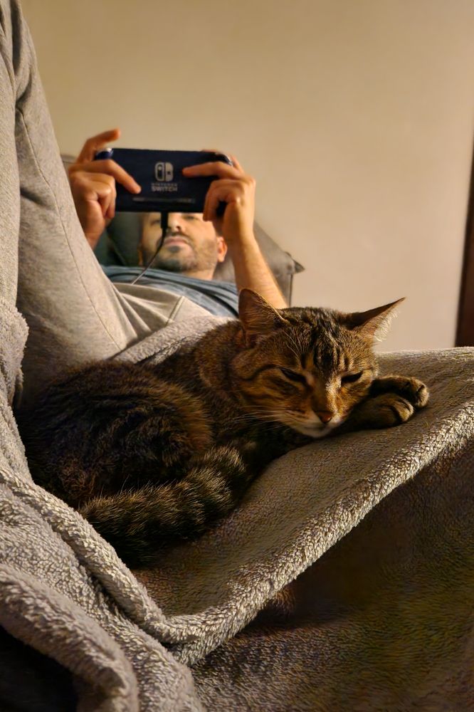 Foto do Guilherme deitado no sofá jogando Nintendo switch 2. Suas pernas estão tapadas com um cobertor quentinho, sobre ele uma gatinha de pelo curto mesclado dorme tranquilamente.