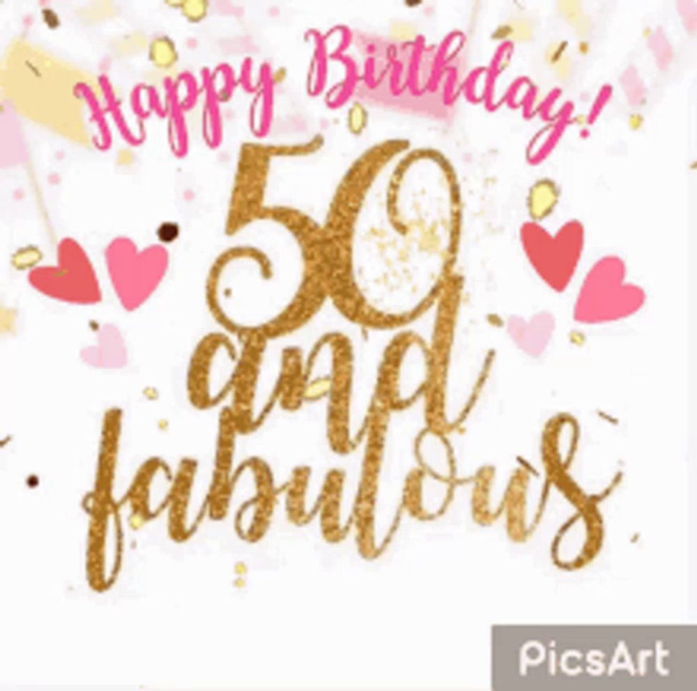 a 50th birthday greeting card with pink and gold hearts