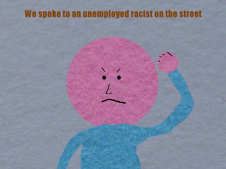 Mr Gammon, an unrealistic man rendered unrealistically from felt, apparently shaking his fist.