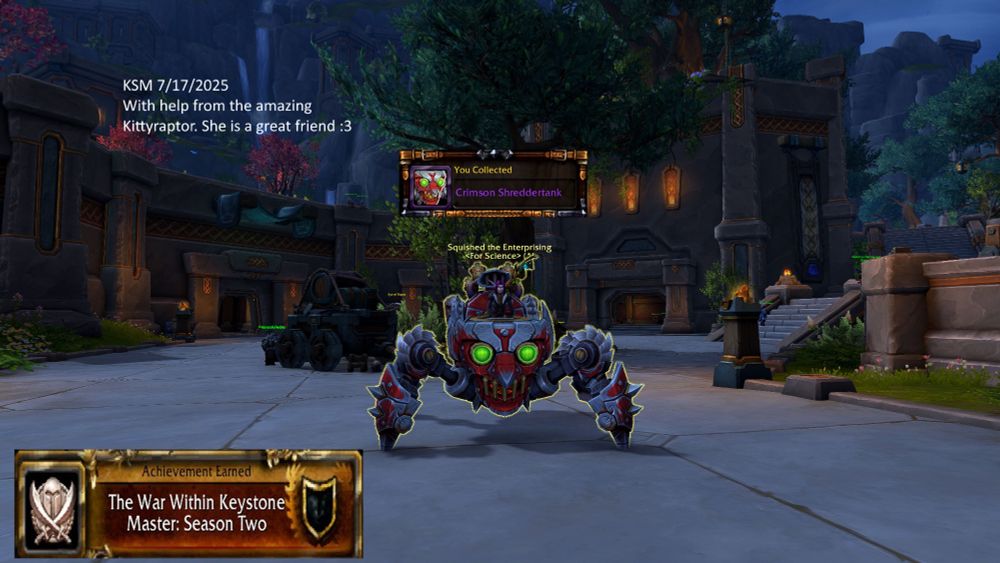 Squished riding the Season 2 Keystone Master mount. It has the date edited in and a small message for a friend.