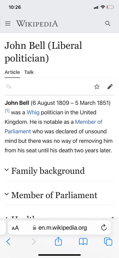 Start of Wikipedia article on 19thC member of pariament John Bell, declared of unsound mind but there was no way to remove him from Parliament. 
